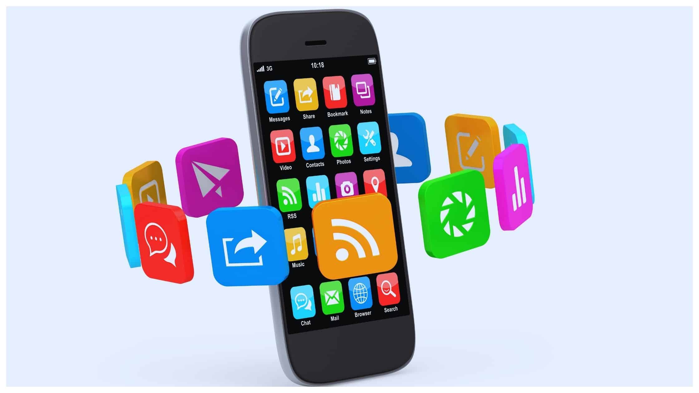 iPhone with colorful applications revolving around it